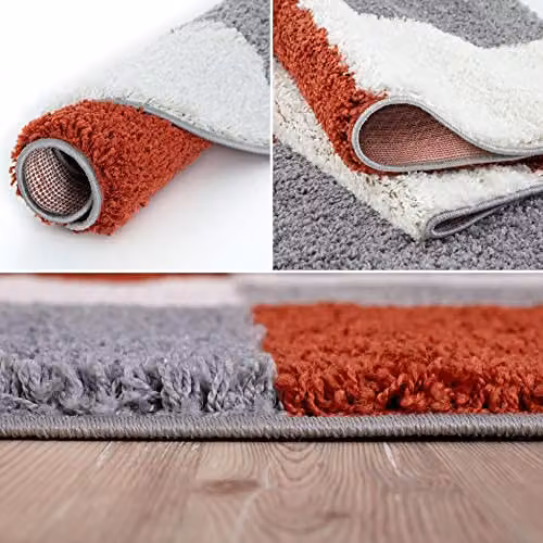 THE RUGS Modern Multicolour Checked Shaggy Round Area Rug, Diameter: 120 cm – 5