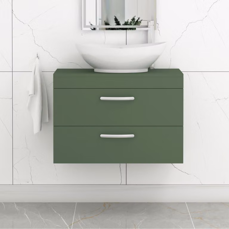 Royal Bathrooms Turin 600mm Wall Hung Vanity Unit with 2 Drawers and Countertop Basin, Matt Green
