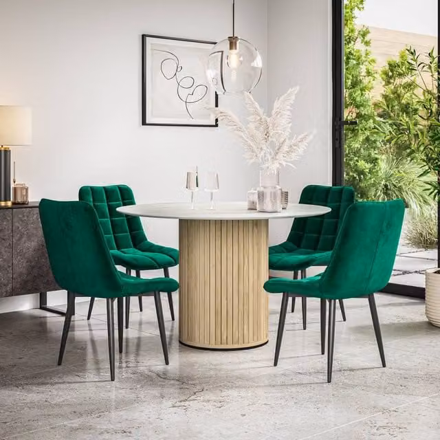 More4Homes Arlo White Marble Top Round Dining Table with Oak Legs and 6 Green Nova Velvet Dining Chairs, W/D/H: 120 x 120 x 75 cm