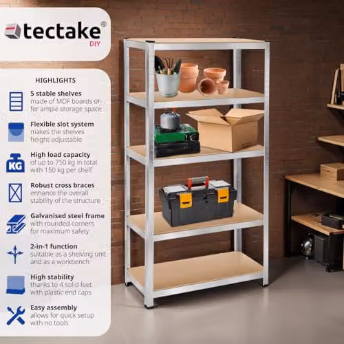 tectake 5-Tier Heavy-Duty Shelving Unit with Galvanised Steel Frame and Adjustable MDF Shelves in Silver, W/D/H: 90 x 40 x 180 cm – 2