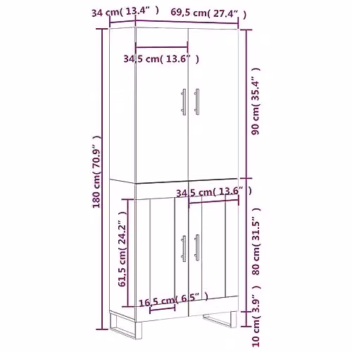 vidaXL Highboard in Smoked Oak, Brown Industrial Style Engineered Wood, H 180 x W 69.5 x D 34 cm – 3