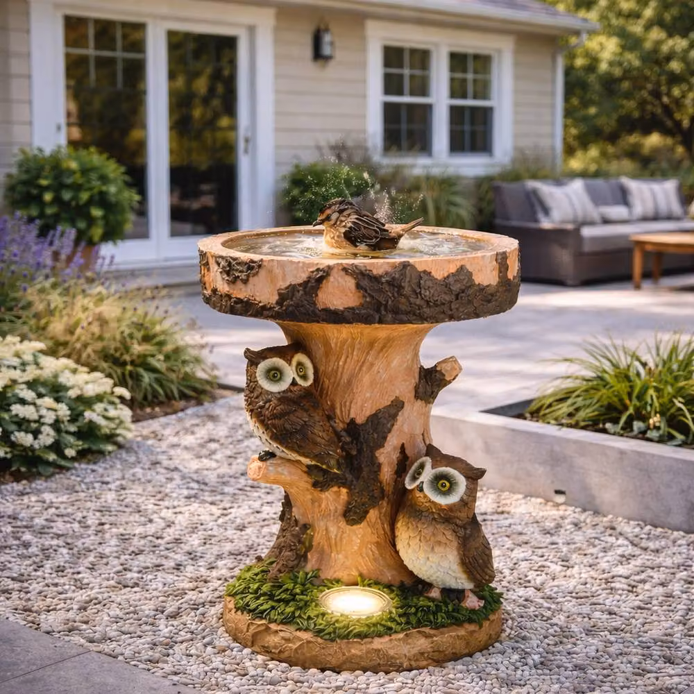 Gardenwize Solar Owl Garden Bird Bath with LED Light in Brown – 2