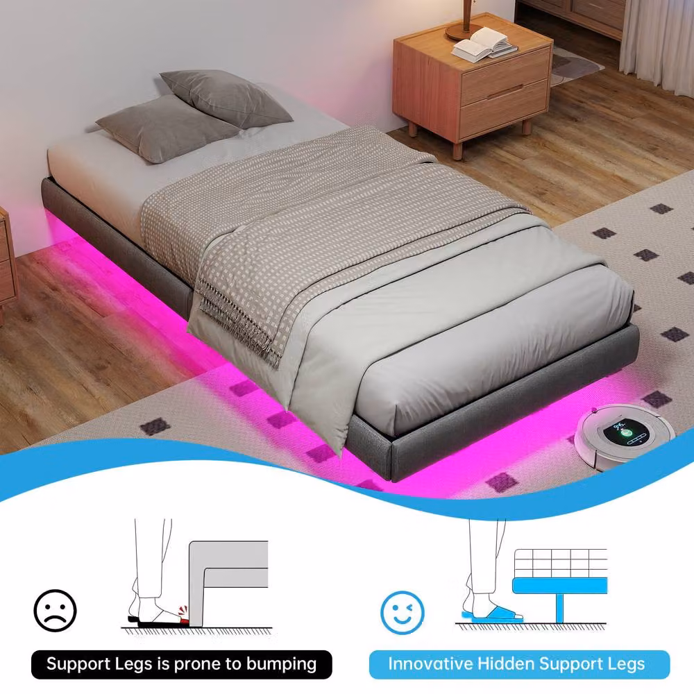 Matteo Grey Upholstered Single Bed Frame with Under-Bed LED Lighting – 2
