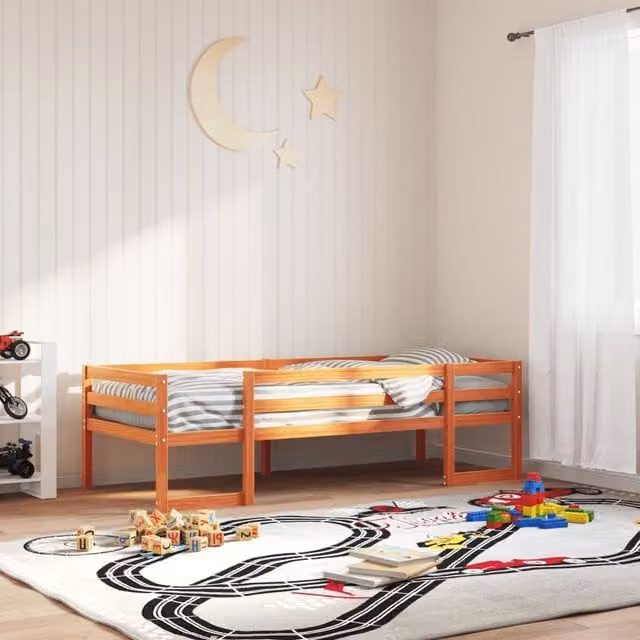 Berkfield Home Kids Single Bed Frame in Waxed Brown Solid Pine, W/D/H: 90 x 190 cm