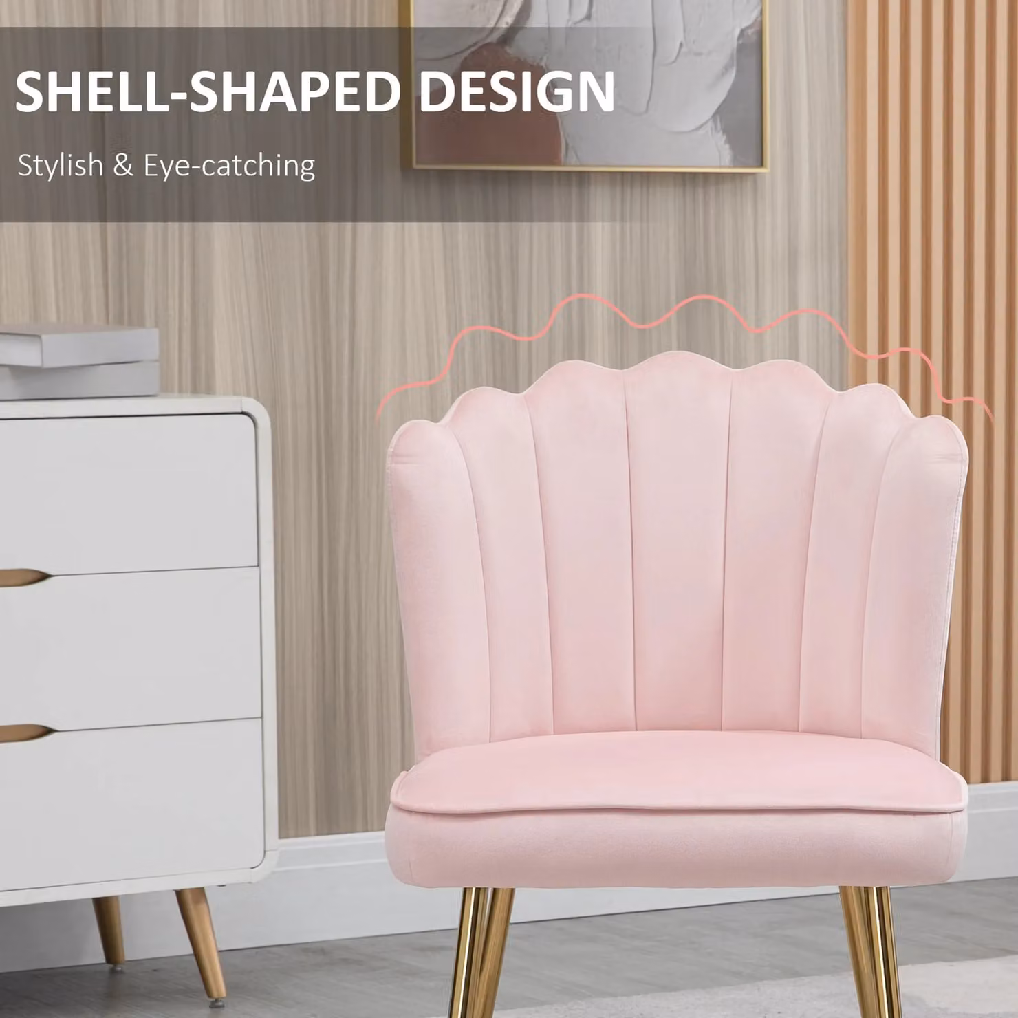 HOMCOM Set of 2 Pink Velvet Shell Accent Chairs with Gold Metal Legs – 3