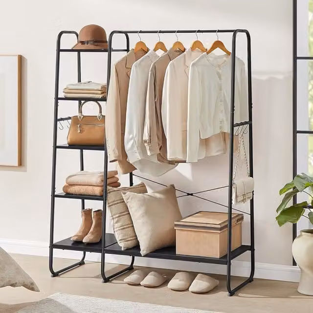The Bazaarist Clothes Rail with Integrated 5-Tier Storage Shelving and Shoe Rack in Matte Black