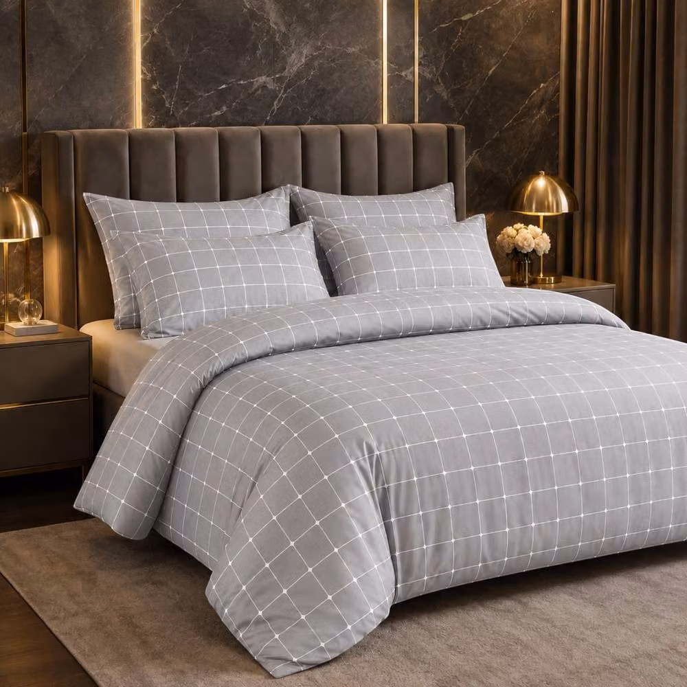 Pamposh Single Reversible Checked Microfibre Duvet Cover Set in Grey – 2