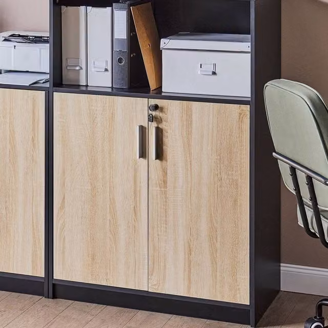 Wyld and Coco Modern 2 Door Lockable Storage Cabinet in Brown and Black, W/D/H: 80 x 40 x 117 cm