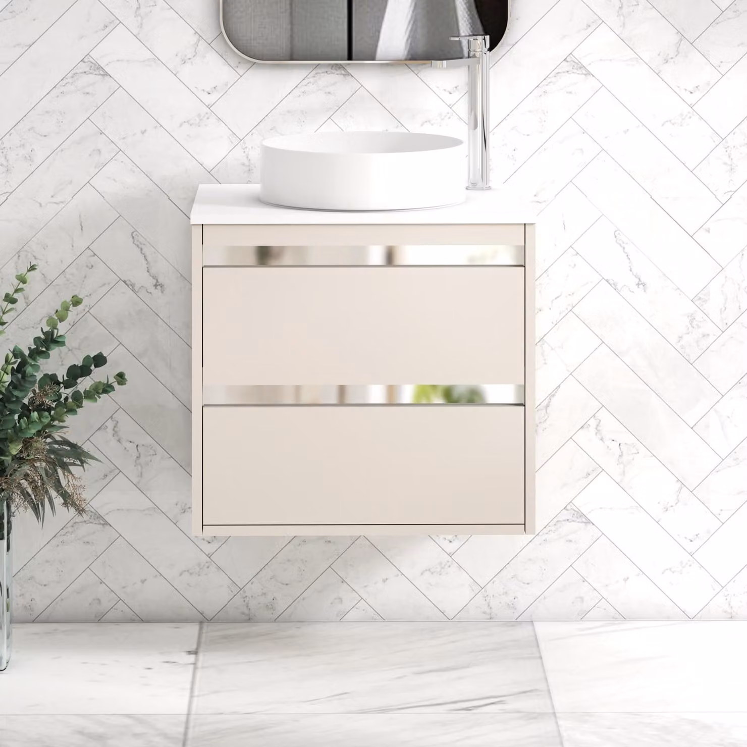 Royal Bathrooms Orion 600mm Wall Hung Vanity Unit in Warm Taupe and White with 2 Drawers and Art Basin