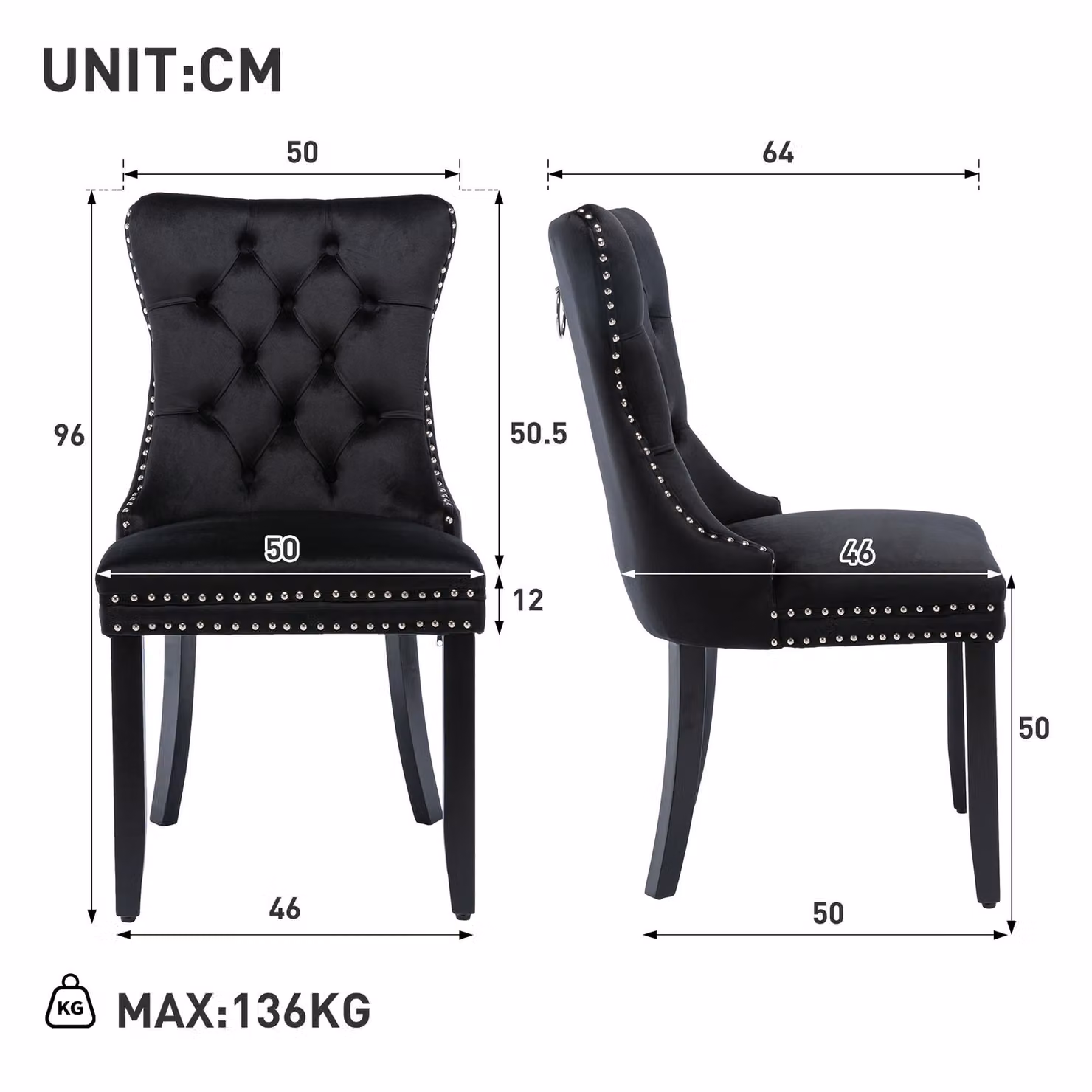 Aosom.UK Set of 4 Black Velvet Upholstered Dining Chairs with Button Tufted Backrest and Solid Rubberwood Legs, W/D/H: 64 x 50 x 96 cm – 3