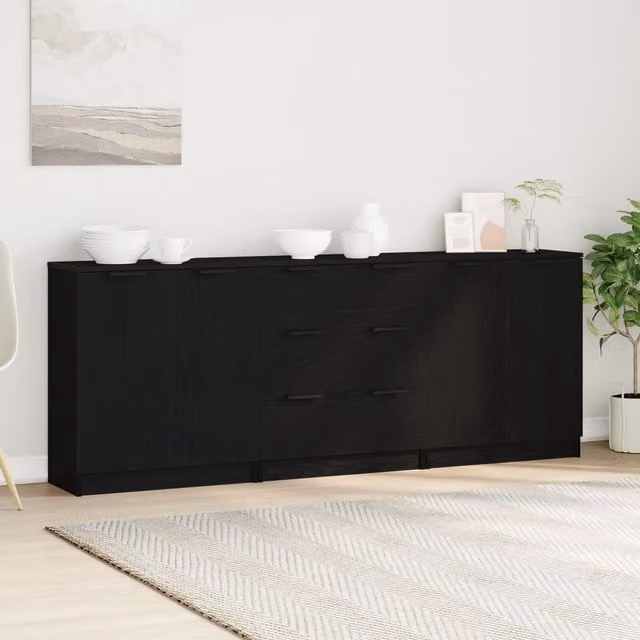 Berkfield Home 3 Piece Black Oak Sideboard Set in Engineered Wood – 1