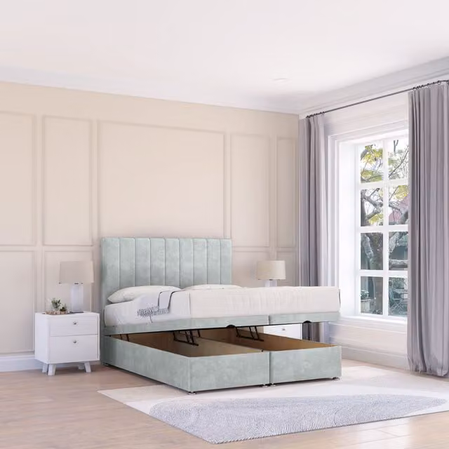 Sloomy Kansas Naples Silver Fabric Ottoman Bed with Sprung Memory Hybrid Mattress and 26 Inch Strut Headboard, Size: Double (W: 140 cm, D: 200 cm)