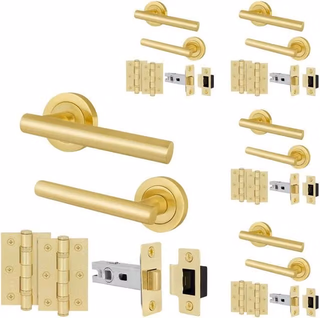 AFIT Gold Satin Brass T-Bar Handle, Latch and Rosette Set with Hinges