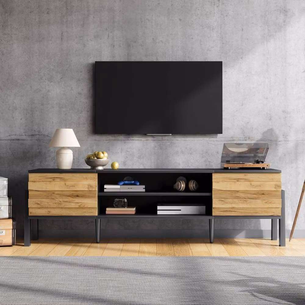 KORVIXA Modern Black TV Stand with 2 Cabinets and Open Shelves – 3