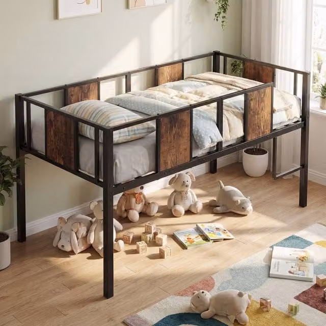 Costway Single Kids Low Loft Bed with Ladder and Guardrail in Brown Metal – 1
