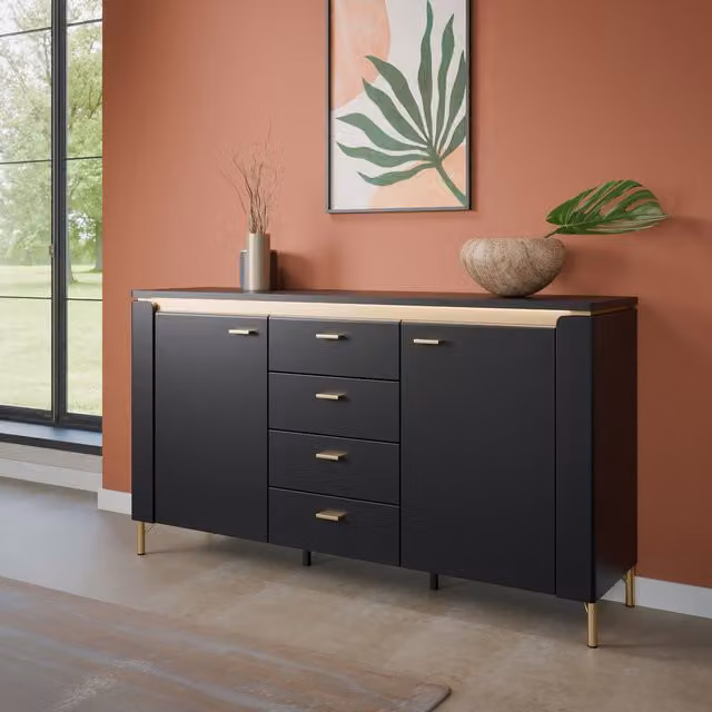Furniture To Go Genoa Modern Sideboard with Integrated LED Strip in Matt Black and Gold