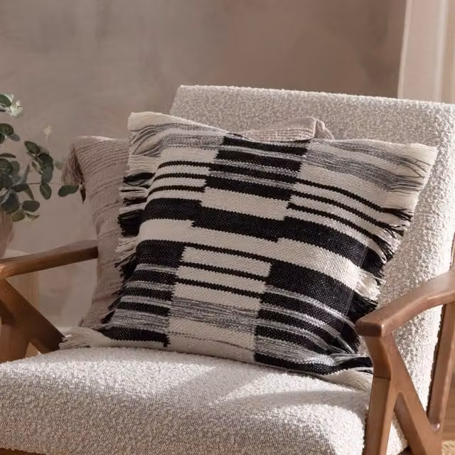 HOEM Torode Black Striped Woven Cotton Square Cushion, W/D/H: 45 x 45 x 45 cm