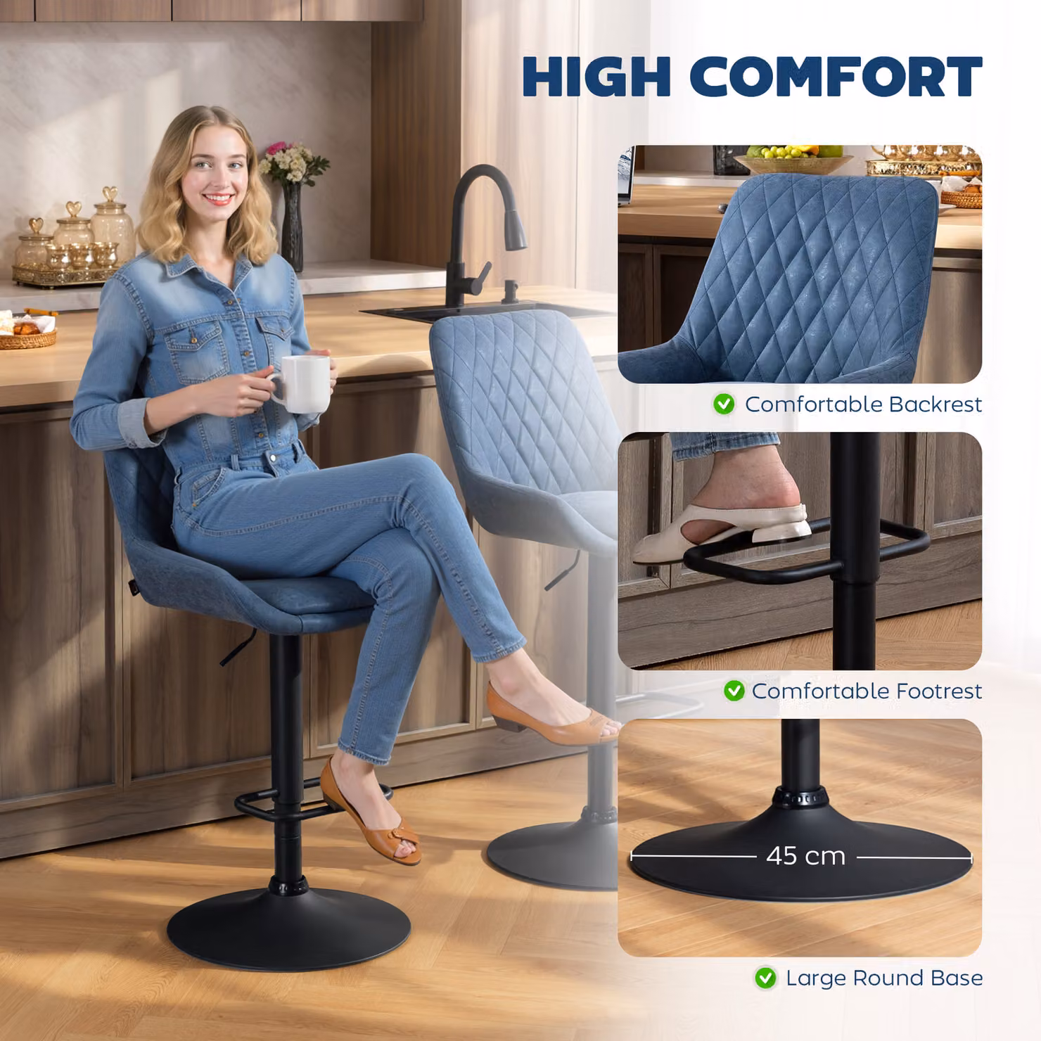 HOMCOM Set of Two Retro Faux Leather Bar Stools with 360 Degree Swivel and Padded Cushions, Blue – 6