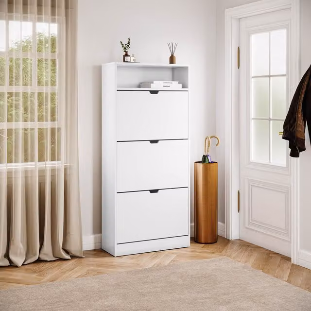 Vida Designs Modern White 3 Drawer Shoe Cabinet with Open Shelf and Tilting Compartments H 132 x W 60 x D 24 cm