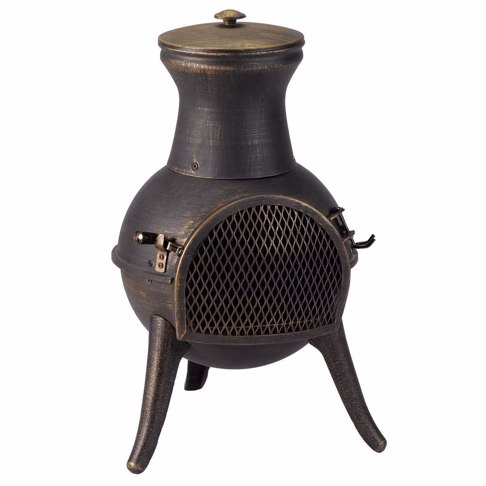 mysmartbuy El Clasico Chiminea Bronze Effect Metal Outdoor Garden Fire Pit Bowl with Mesh Door and Fuel Grate, H 69 cm x Diameter 38 cm – 4