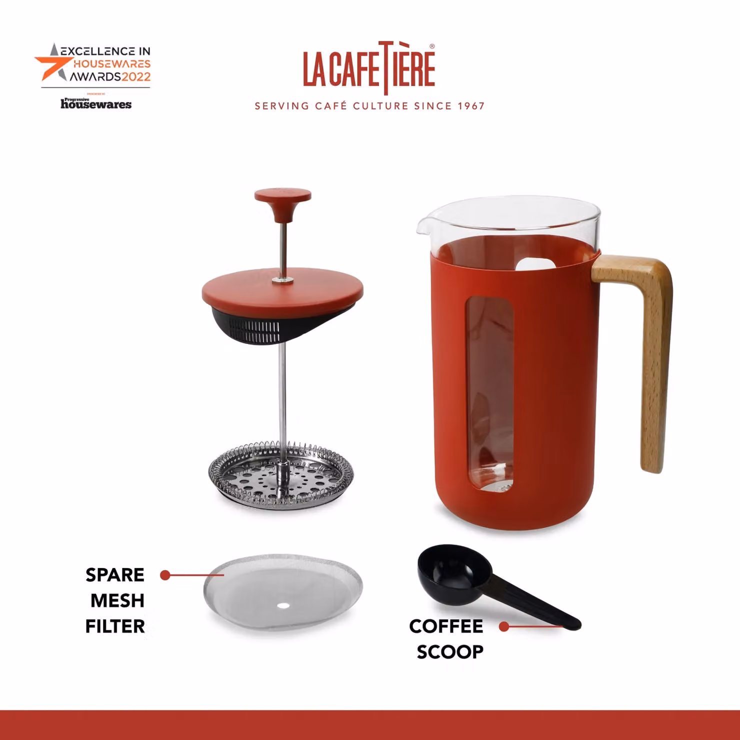 La Cafetiere Pisa Stainless Steel French Press Cafetiere, Red, 0.94 l – 4