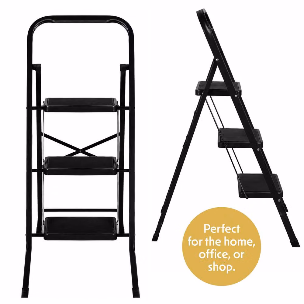 Futura 3 Step Black Heavy-Duty Steel Folding Step Ladder with Rubber Feet – 9