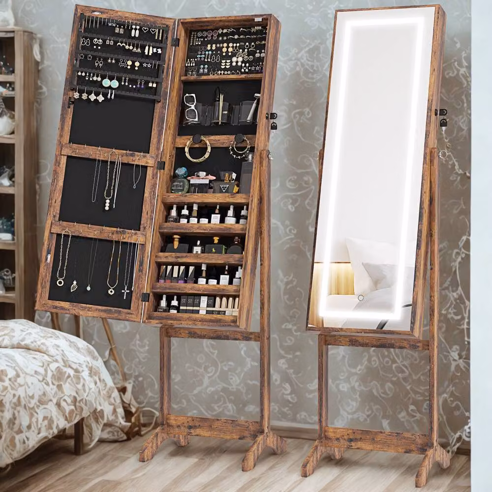 FURNOS Brown Free Standing Jewellery Cabinet with Lockable Mirror and LED Lighting, H: 151.5 cm, W: 46.0 cm, D: 36.5 cm – 5