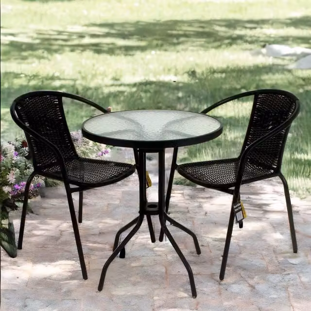 FURNOS Set of 3 Black Wicker Bistro Table and Chairs with Metal and Glass Details – 1