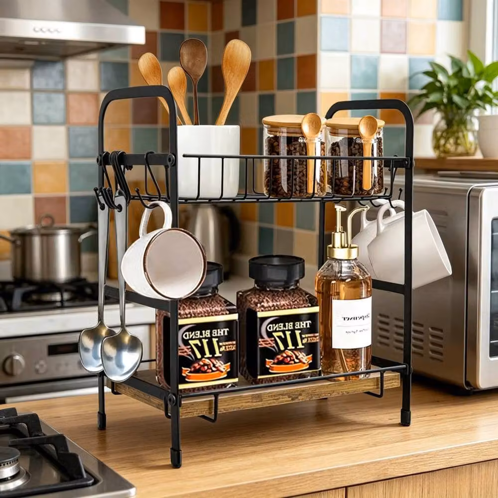 KORVIXA Brown Metal and Wood Freestanding Coffee Mug Rack with Shelf – 5