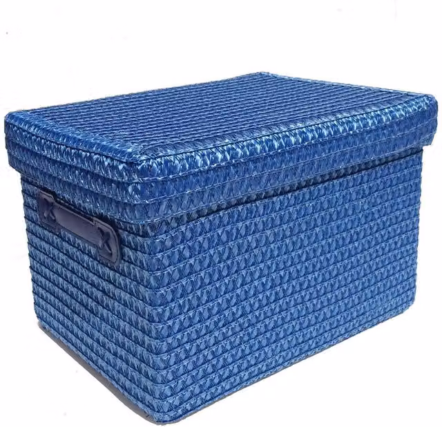 Topfurnishing Blue Fabric Storage Basket with Handles and Lid, Diameter: 21.5 cm