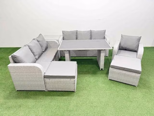 Fimous 9-Seater Patio Rectangular Table and Sofa Set with Side Table and 2 Stools in Light Grey