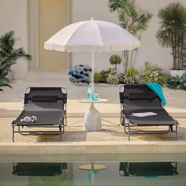 SoBuy Folding Garden Lounger with Textilene Fabric and Cushion in Black