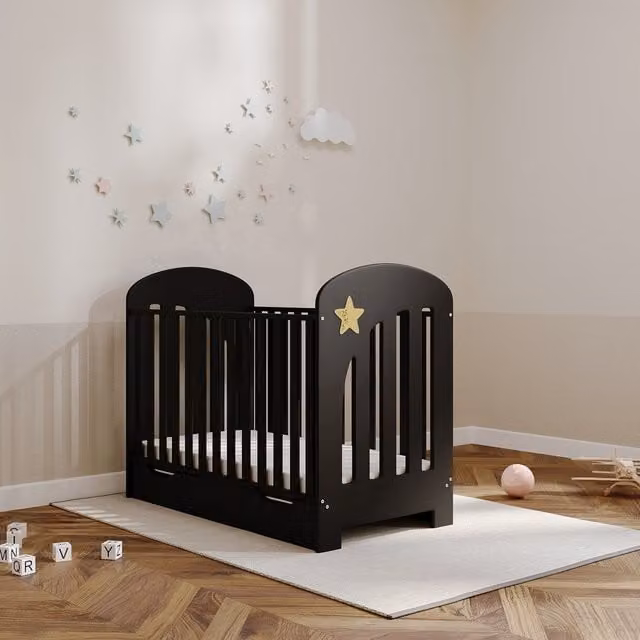 Viculii Baby Cot with Drop Side and Drawers in Black