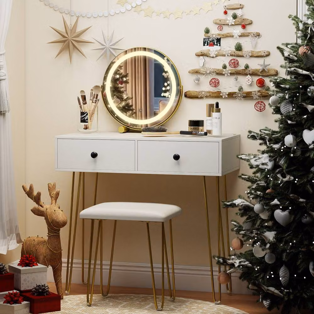 Costway White Vanity Set with Hollywood LED Mirror, Dressing Table and Stool featuring a Charging Station – 3