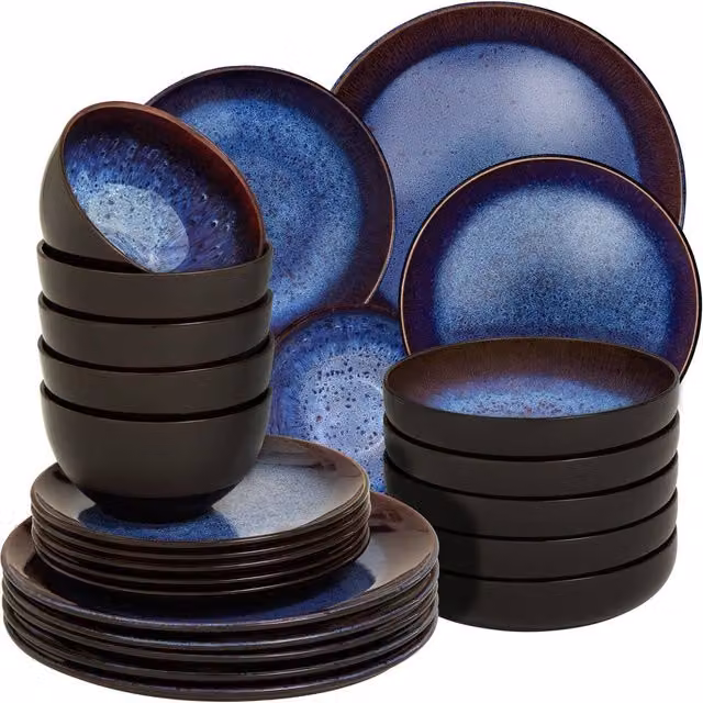 tectake Mare Blue Glazed Stoneware Dinner Set for 6 People