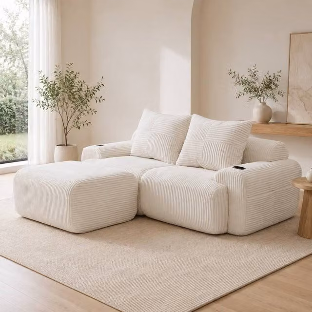 STILVORA 2-Seater Modular L-Shape Corduroy Sofa with Cup Holder in Beige