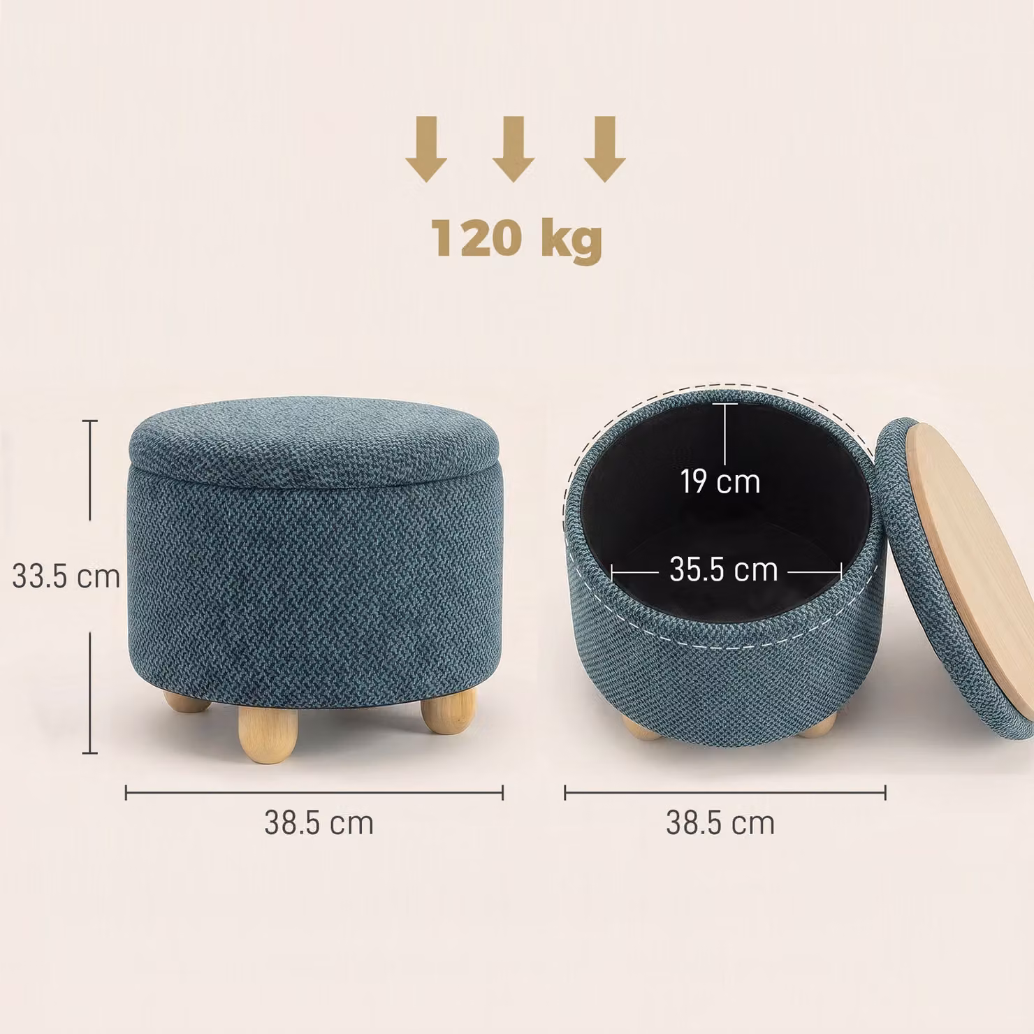 HOMCOM Round Storage Ottoman Sitting Bench with Lid and Rubberwood Legs, Dark Blue – 3