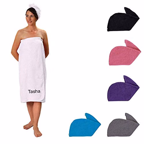 Duncan Stewart Women's Personalised Towelling Sarong and Hair Turban Wrap Set in White – 1