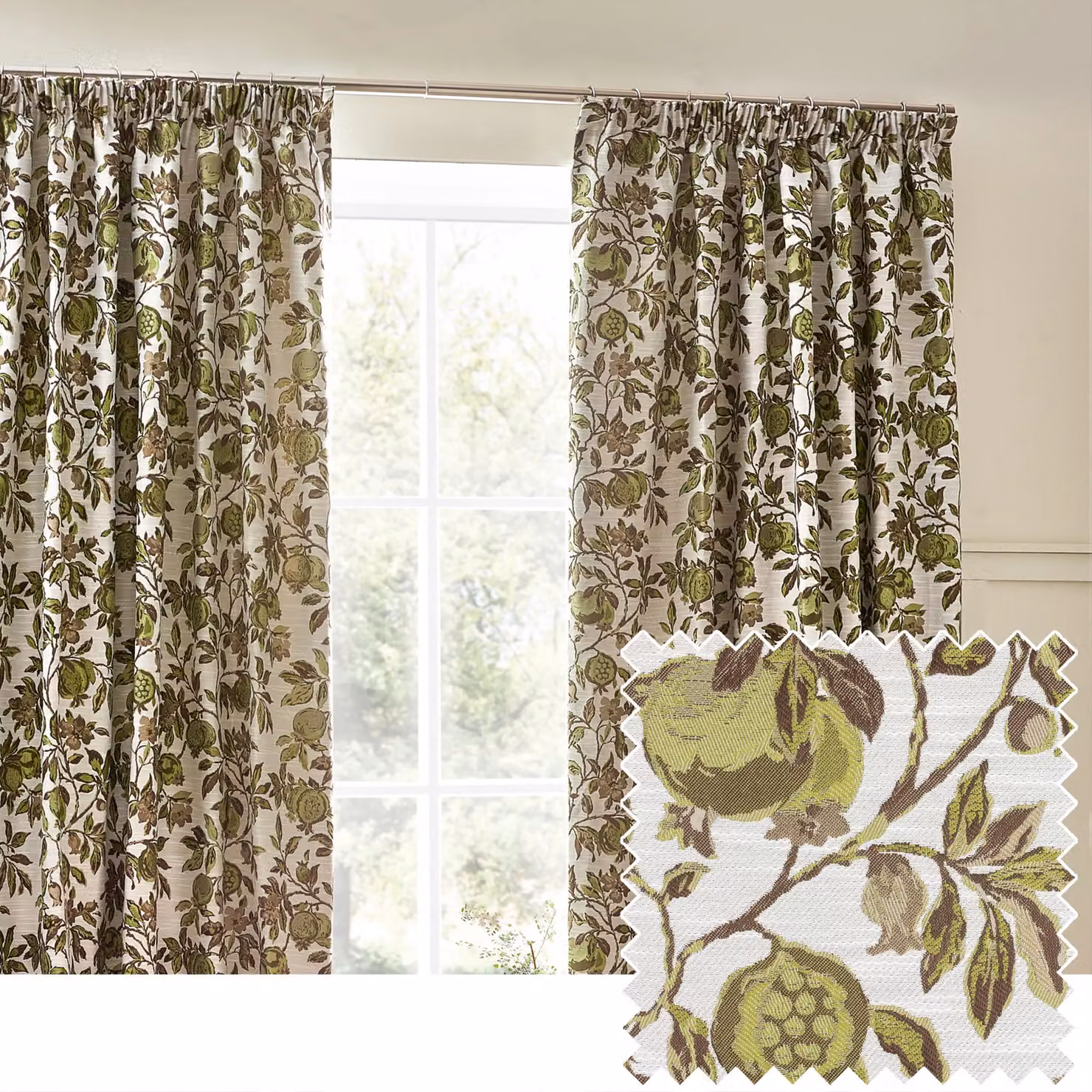 Wylder Tropics Pomegranate Floral Jacquard Pencil Pleat Curtains in Green, Width: 168 cm, Drop: 183 cm – 4