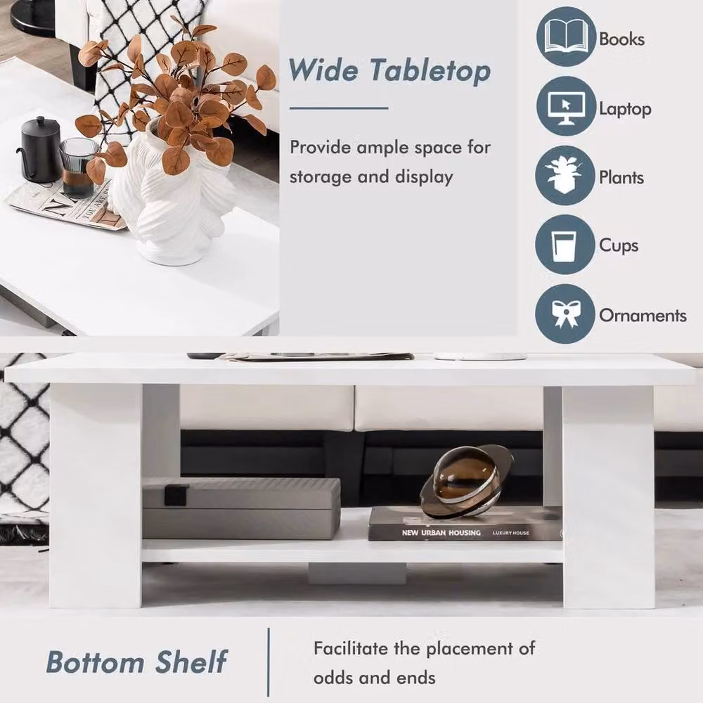KORVIXA 2-Tier Modern Wooden Coffee Table with Storage Shelf in White, W x D: 100 x 100 cm – 3