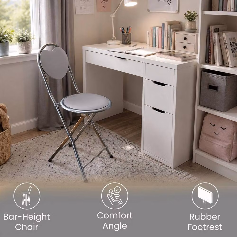 FORGEVIO Grey Heart Soft Padded Bar Stool with Upholstered Fabric Seat and Metal Frame – 3