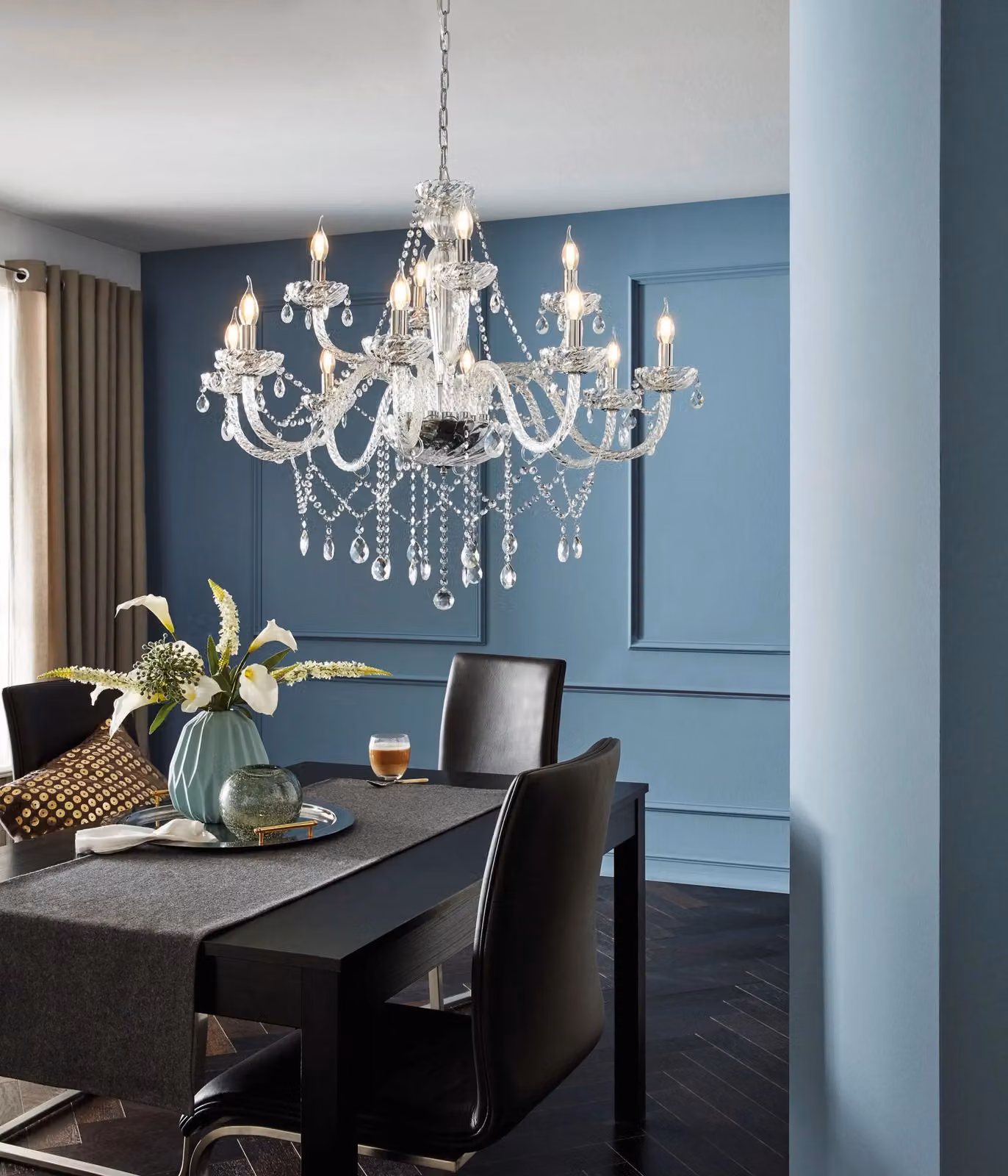 Loops Chandelier in Chrome Plated Steel with Transparent Glass Droplets, E14 Bulb Compatible – 2