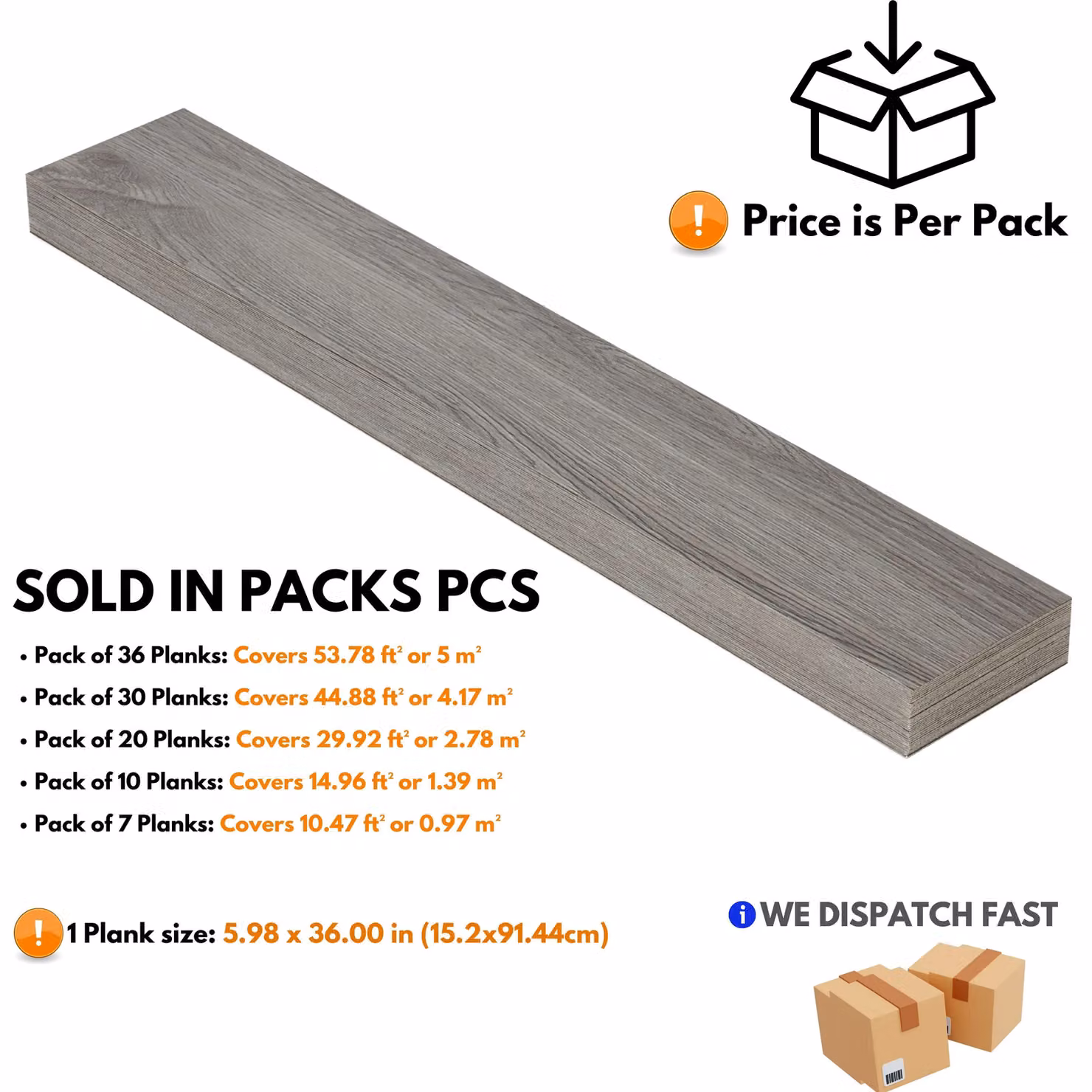 Novecrafto Self Adhesive Grey Wood Look Vinyl Floor Planks, 7 Pack, W: 91.4 cm, D: 15.2 cm – 3