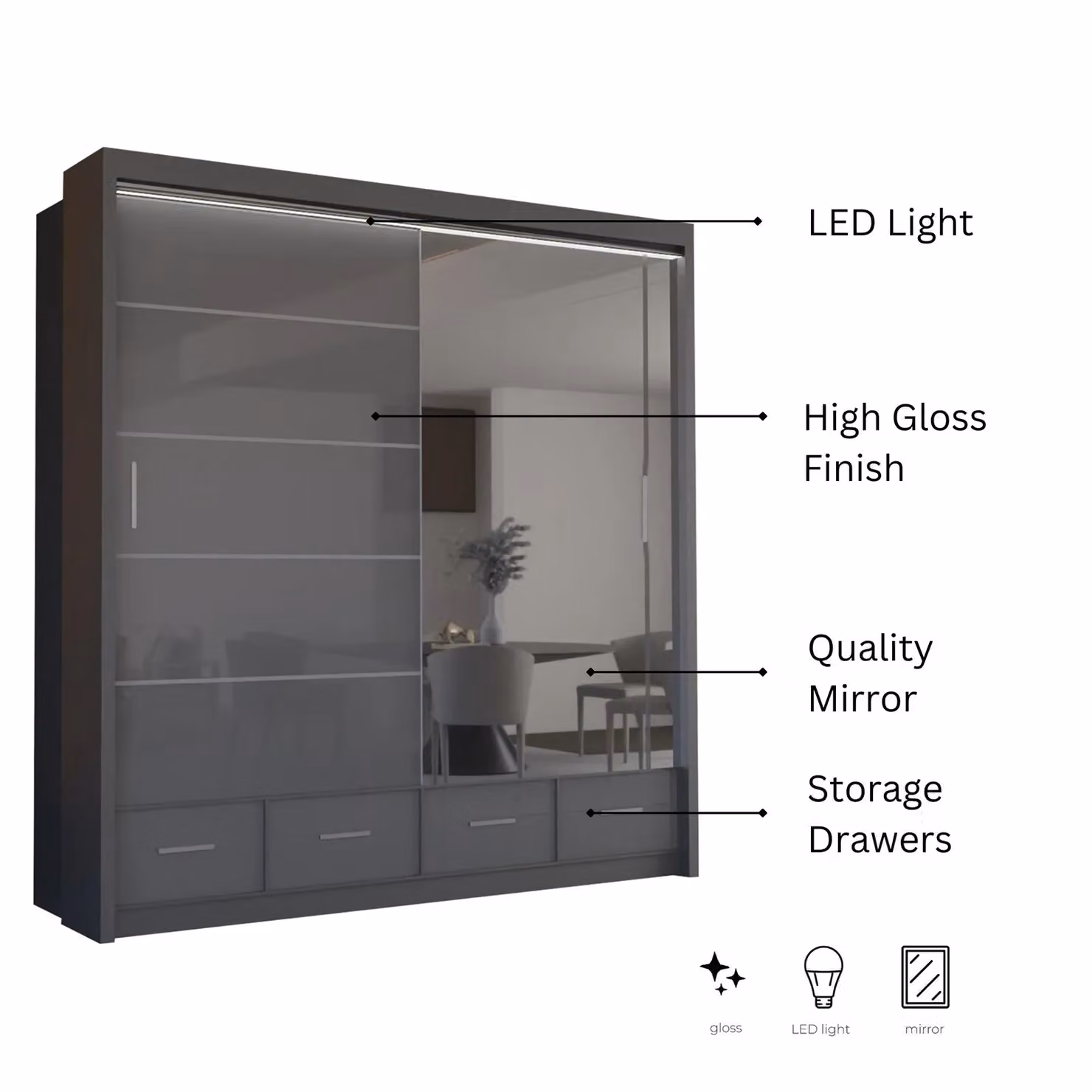 Sliding Wardrobes 4U Luxury High Gloss Sliding Wardrobe with Integrated LED Light, Grey, W: 208 cm, H: 220 cm – 3