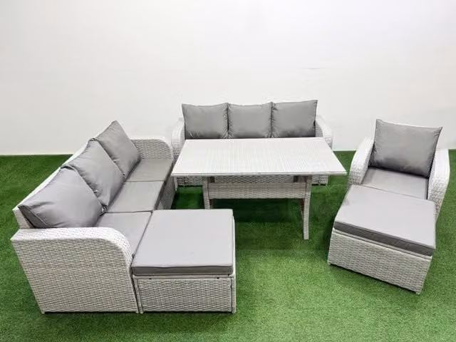 Fimous 9 Seater Poly Rattan Outdoor Garden Furniture Set in Grey with Rectangular Dining Table, 3 Seater Sofas and Reclining Chairs