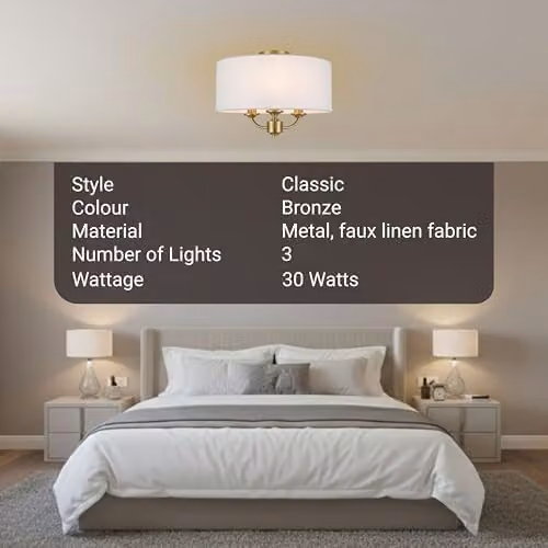 Cosylyte Winston 3-Light Semi Flush Ceiling Light with Bronze Base and Beige Fabric Drum Shade, E14 LED Compatible – 2