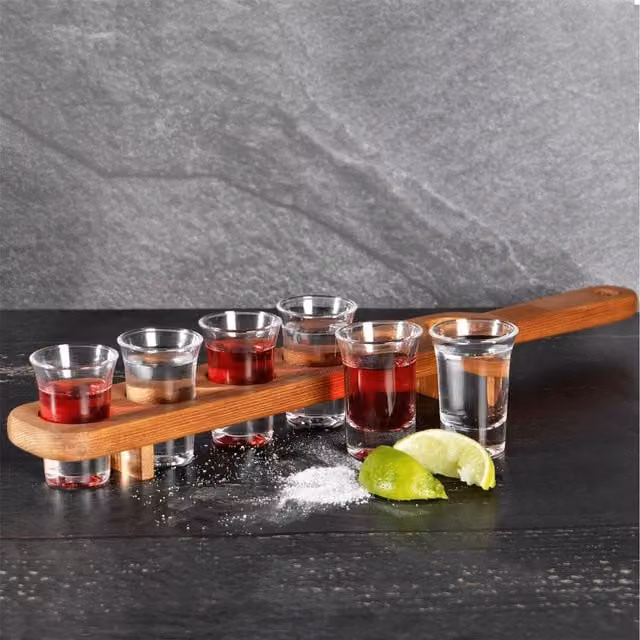 Maison and White Rectangular Wooden Drinks Paddle with 6 Glass Shot Glasses in Brown