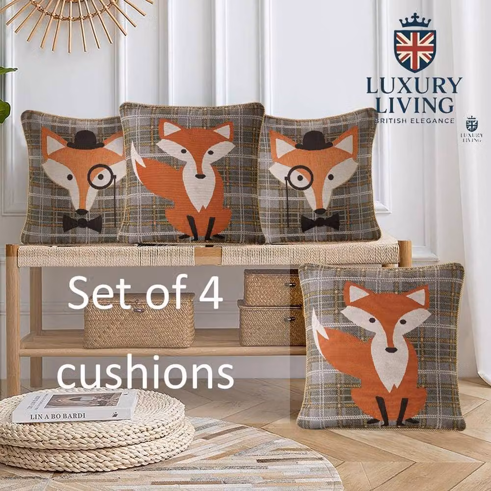 Luxor Living Dapper Fox Tapestry Velvet Cushion Set of 4 in Grey, Brown and Gold, W/D/H: 45 x 45 x 45 cm – 3