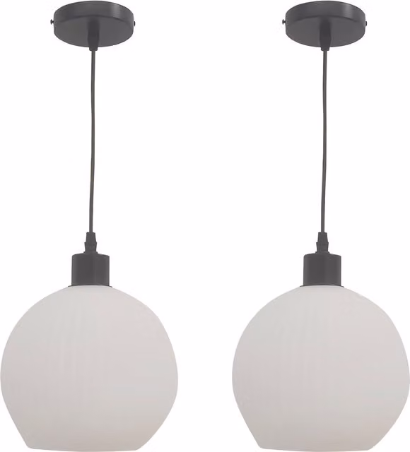 First Choice Lighting Betchley Set of 2 Suspended Pendant Lights with White Ribbed Glass Globes and Black Accents
