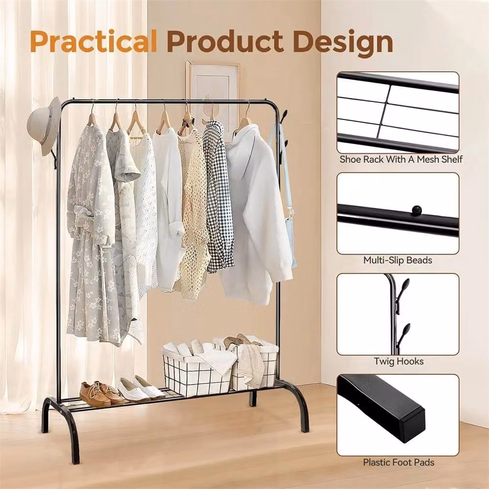 Nordara Black Heavy Duty Double Clothes Rail with Shoe Storage and Matt Metal Finish – 2